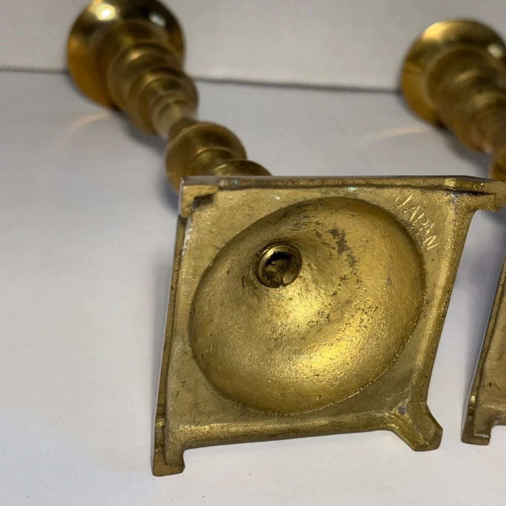 Vintage Brass Candlestick Holders Japan Square Base 7.5” Set Of Two